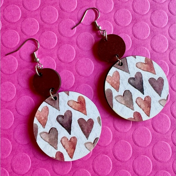 New Pink & Mocha Brown Hearts Wooden Circle Statement Dangle Earrings - 3” - Picture 4 of 6